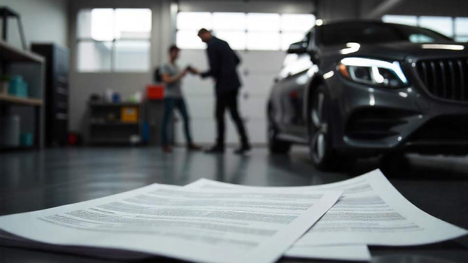 Auto mit Getriebeschaden in einer Werkstatt in Dülmen; Infografik mit Reparaturkosten und Verkauf.